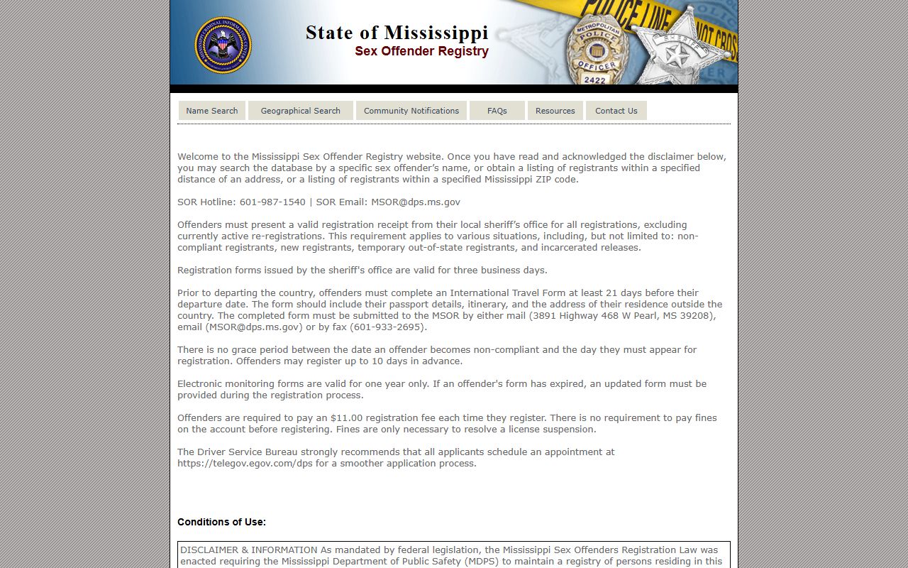 Mississippi sex offender registry for Pontotoc County background and charge records