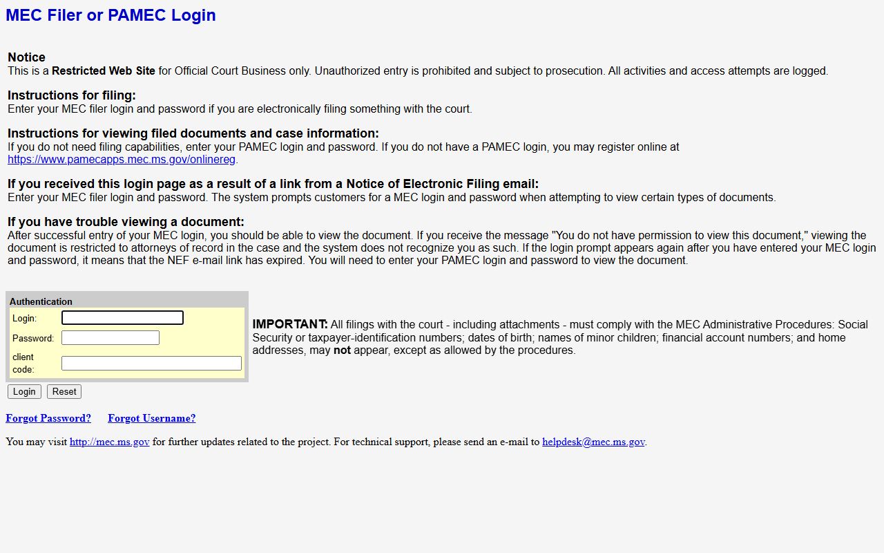 Pontotoc County court records First Chancery MEC and PAMEC login page