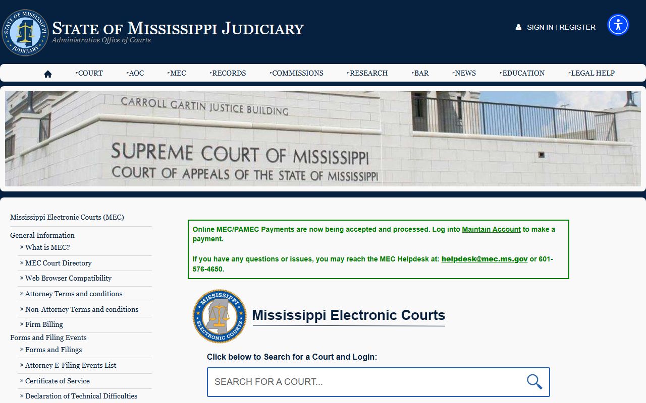 Pontotoc County court records access through the Mississippi Electronic Courts MEC system