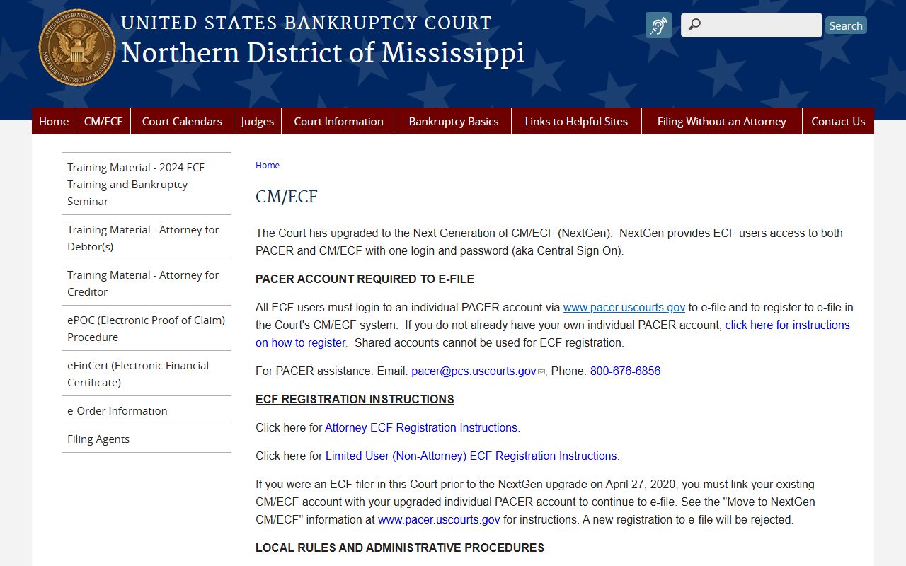 Bankruptcy CM/ECF page for Pontotoc County federal court records in the Northern District of Mississippi