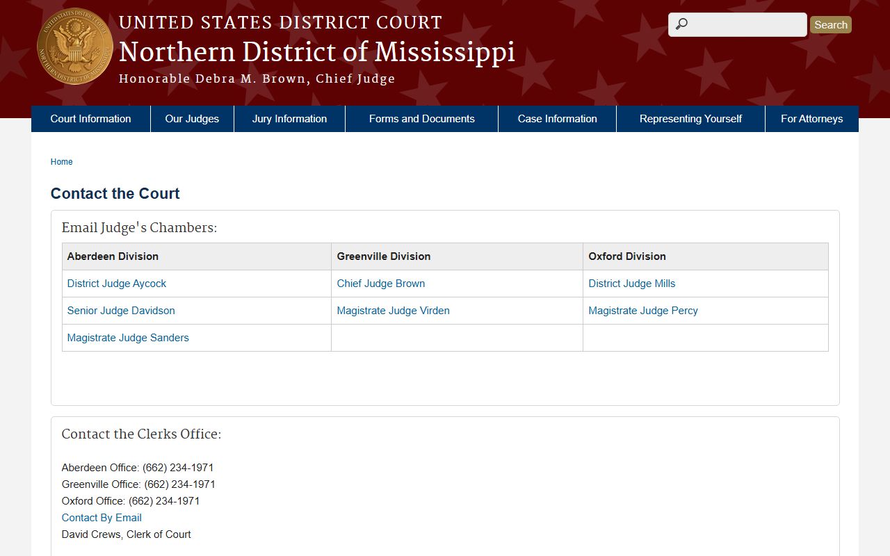 Northern District of Mississippi clerk contact page for Pontotoc County federal court records