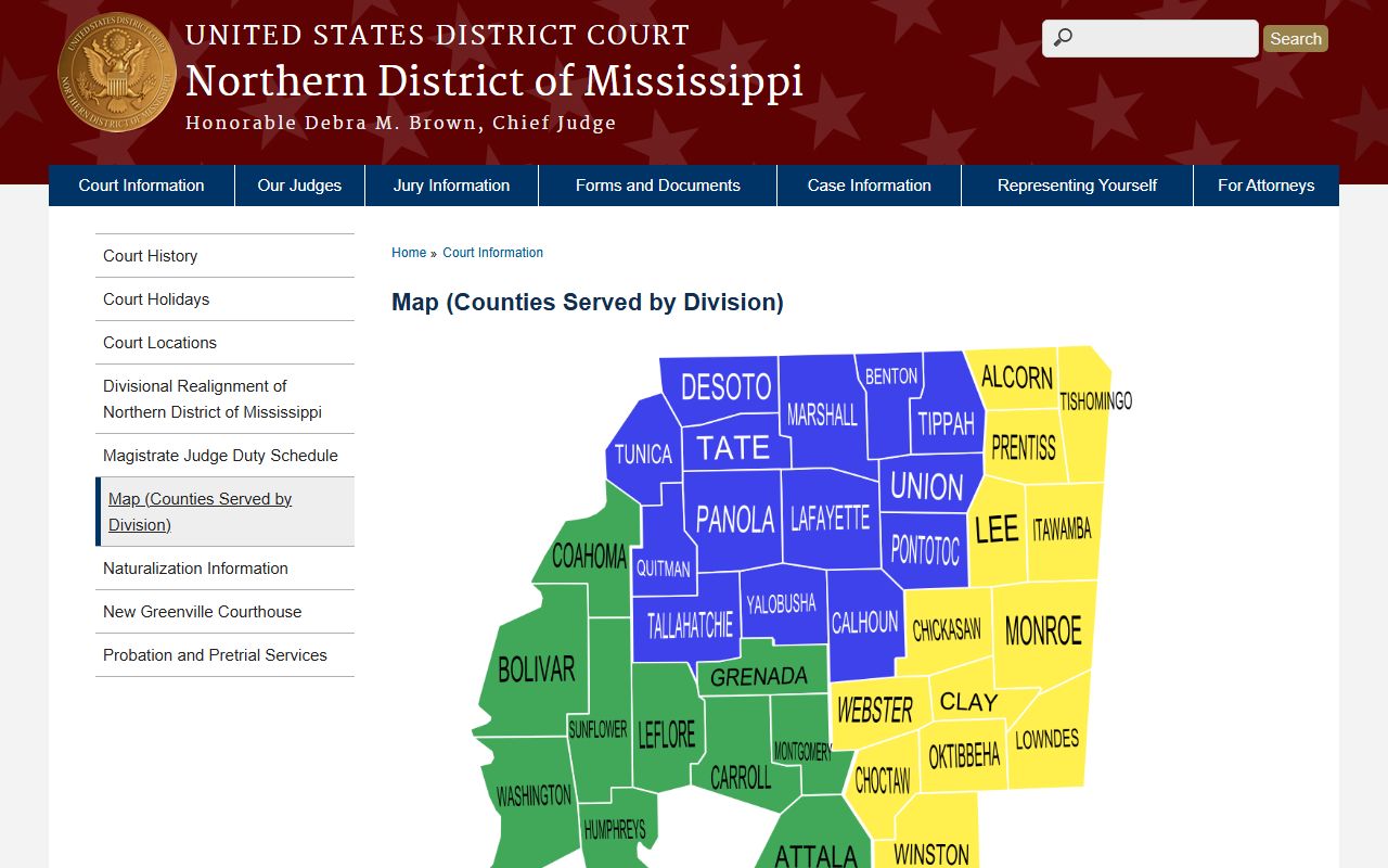 Northern District of Mississippi map showing the division that covers Pontotoc County federal court records