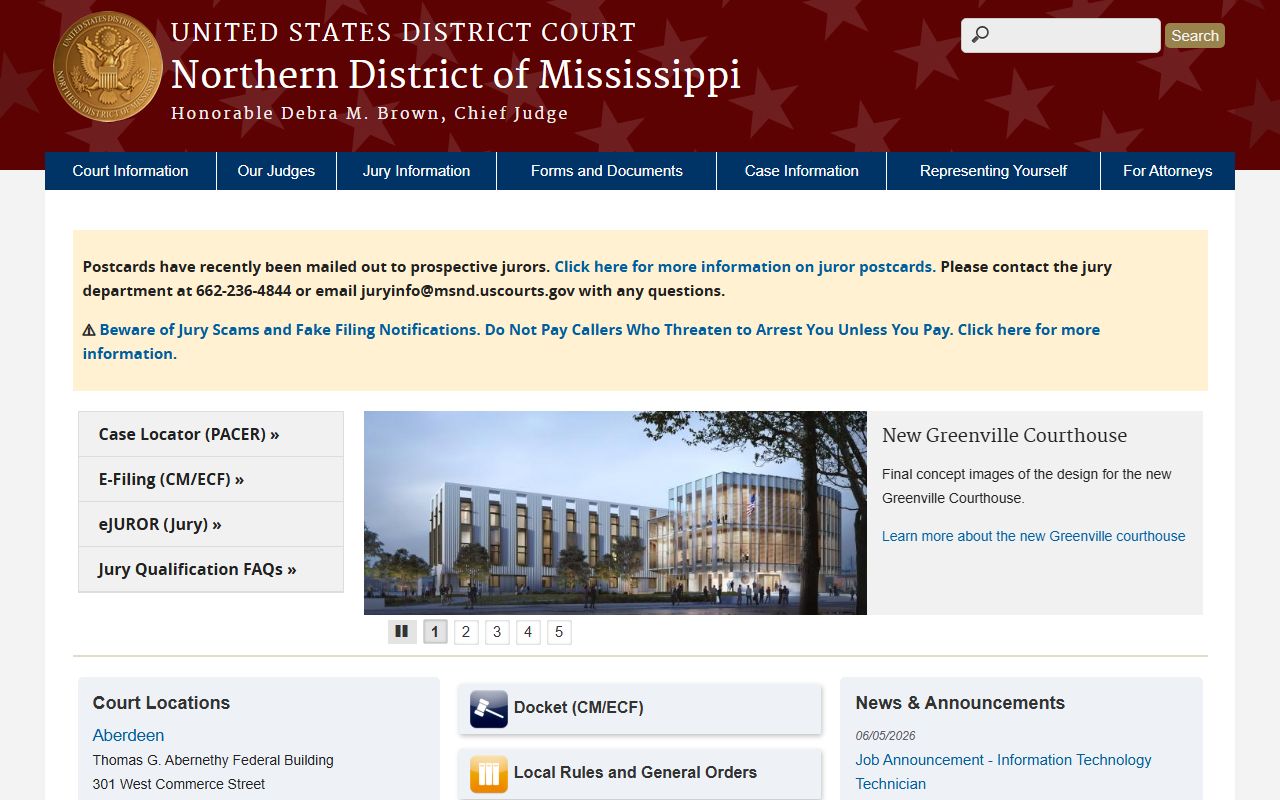 Pontotoc County federal court records portal on the Northern District of Mississippi homepage