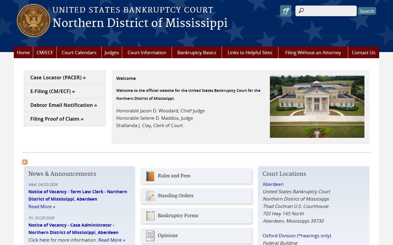 Northern District of Mississippi bankruptcy court homepage for Pontotoc County federal court records