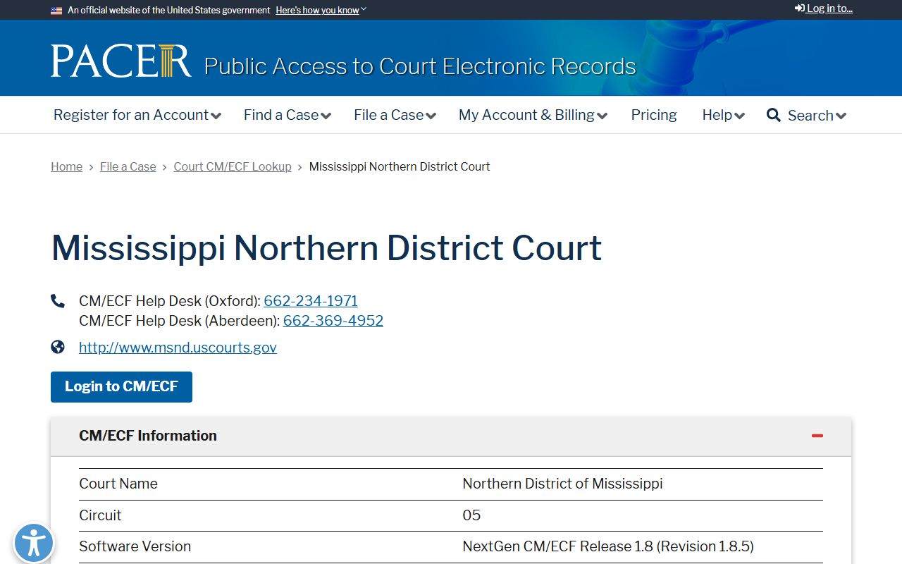 PACER Northern District of Mississippi lookup for Pontotoc County federal court records