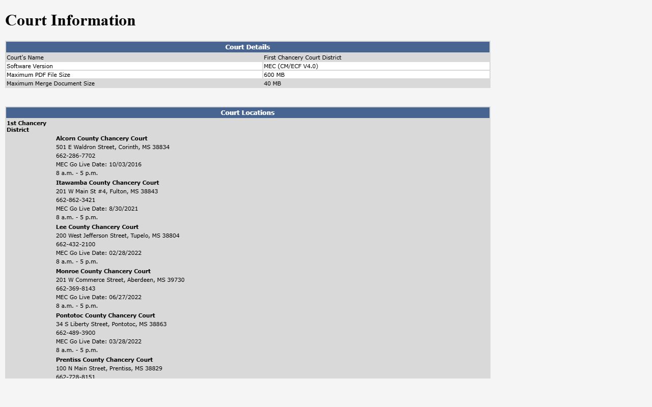 First Chancery MEC court information for Pontotoc County court records