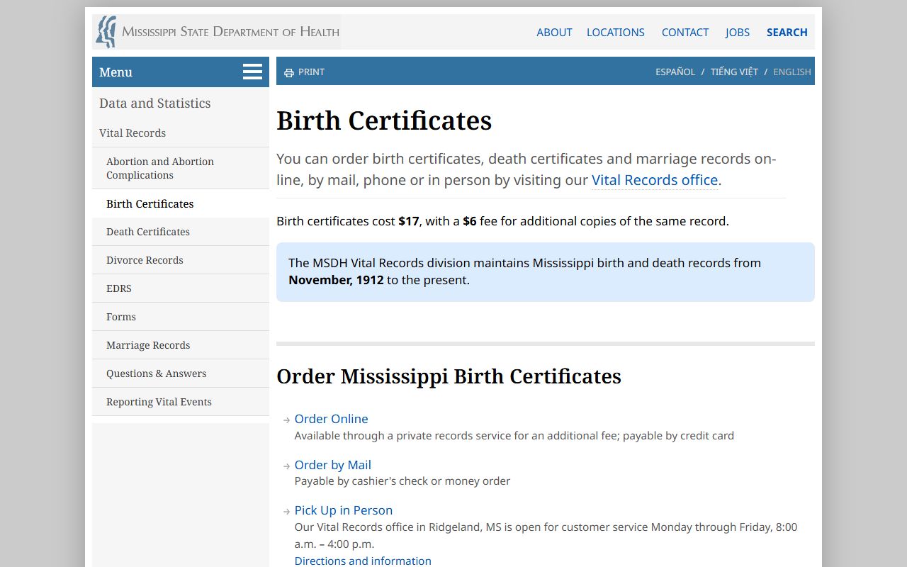 Pontotoc County vital records ordering page for marriage record copies