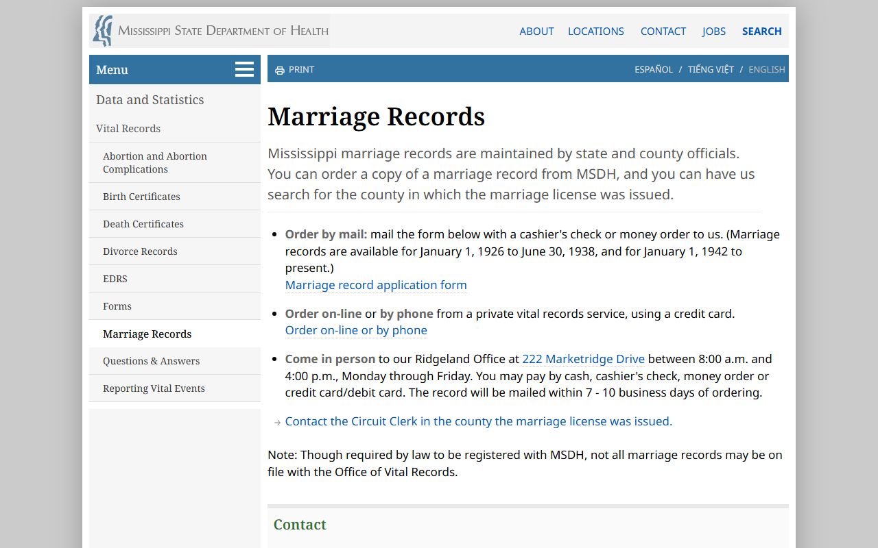 Pontotoc County marriage records search at the Mississippi State Department of Health