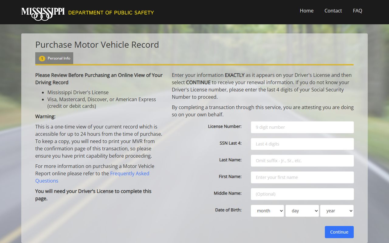 Pontotoc County traffic court records and Mississippi DPS motor vehicle record purchase form